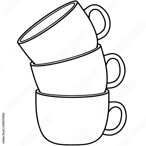 Three Stacked Coffee Cups Outline Vector Illustration