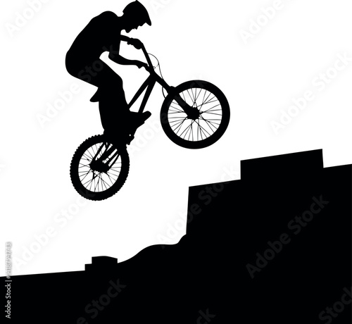 Biker Jumping from Ramp Silhouette, Action Shot, Extreme Sport, Bike Stunt, Black Style