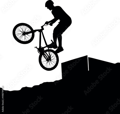 BMX Rider Silhouette Jumping Off Ramp, Extreme Sport, Athlete in Helmet, Black and White
