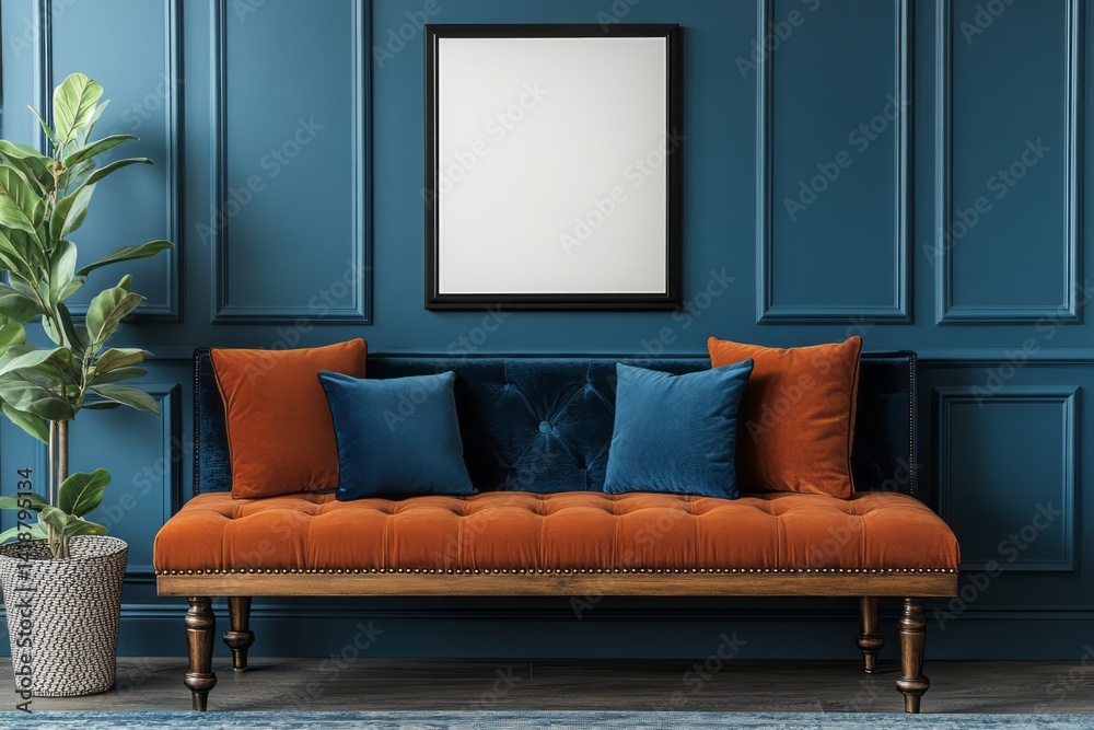 Fototapeta premium Elegant interior features a velvet bench artwork and potted plant