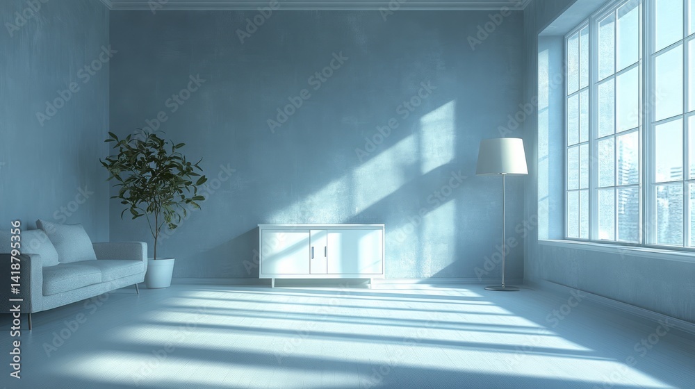 Obraz premium Light shines into a blue modern living room space