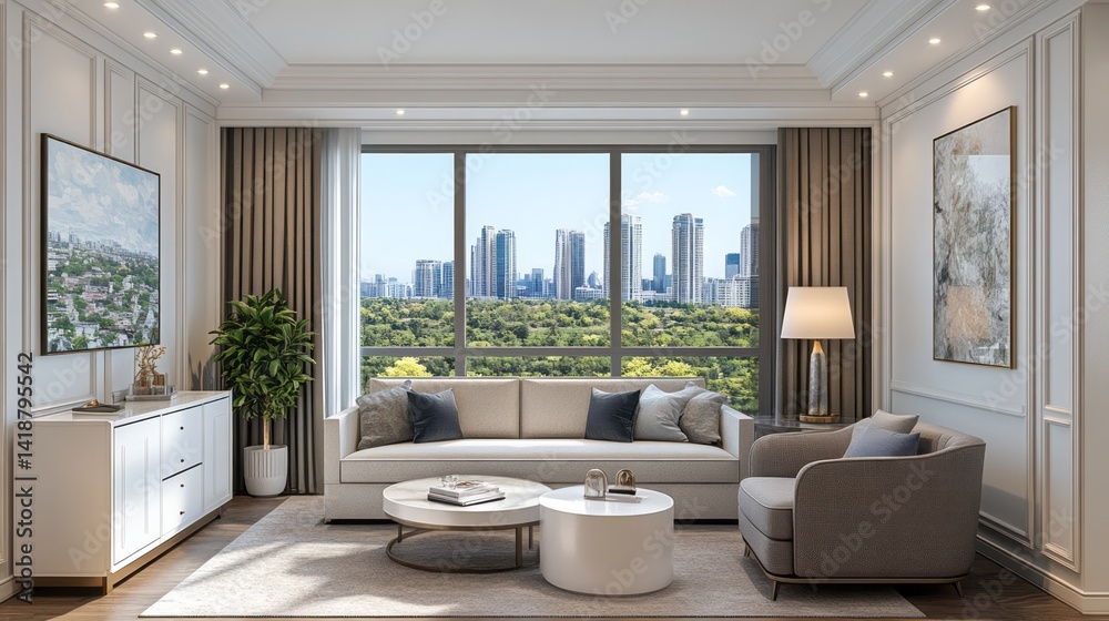 Fototapeta premium Elegantly decorated living room showcases a stunning urban cityscape view