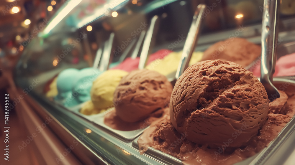 Delicious chocolate ice cream displayed in a glass counter of an ice cream shop..