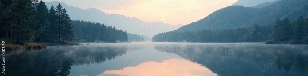 Fototapeta premium Misty morning, still lake nestled amongst pines , Tatra, lake
