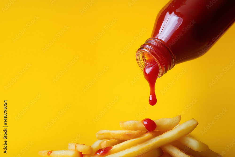 Ketchup pouring from a glass bottle onto a pile of french fries against a yellow background.