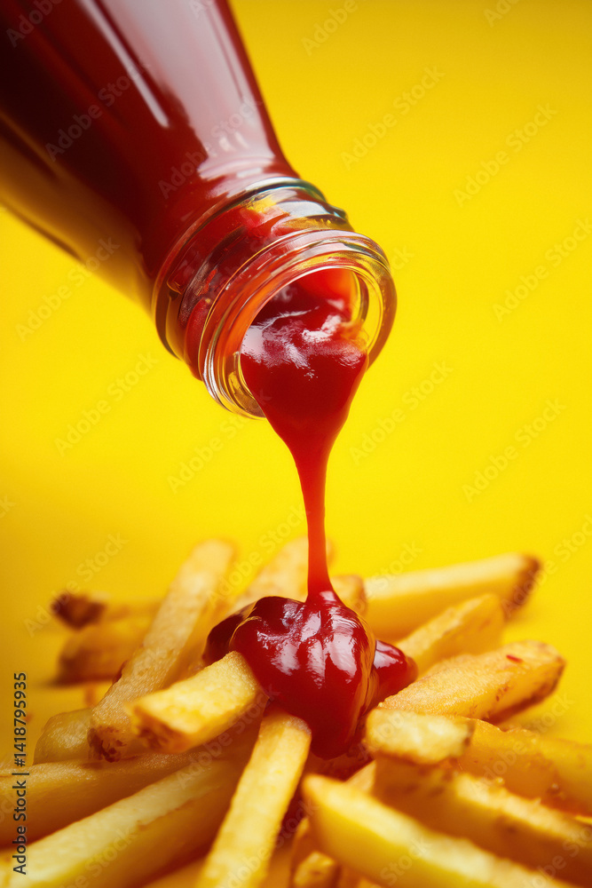 Ketchup pouring from a glass bottle onto a pile of french fries against a yellow background.