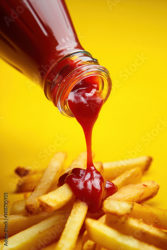 Obraz na płótnie Ketchup pouring from a glass bottle onto a pile of french fries against a yellow background. w salonie