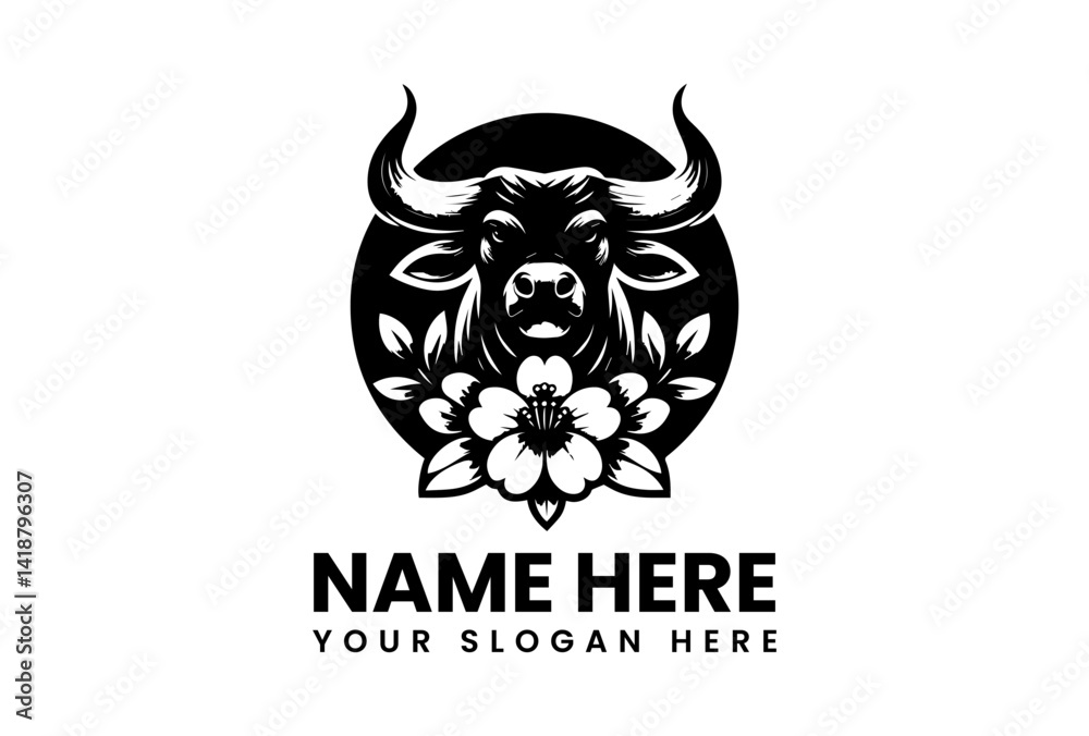 Fototapeta premium Bull Illustration: A powerful bull illustration, rendered in elegant grayscale, its form intricately interwoven with floral elements and leafy accents, a symbol of strength and nature's beauty.