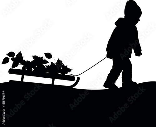 Silhouette Child pulls a sled with autumn leaves, wearing winter hat and coat