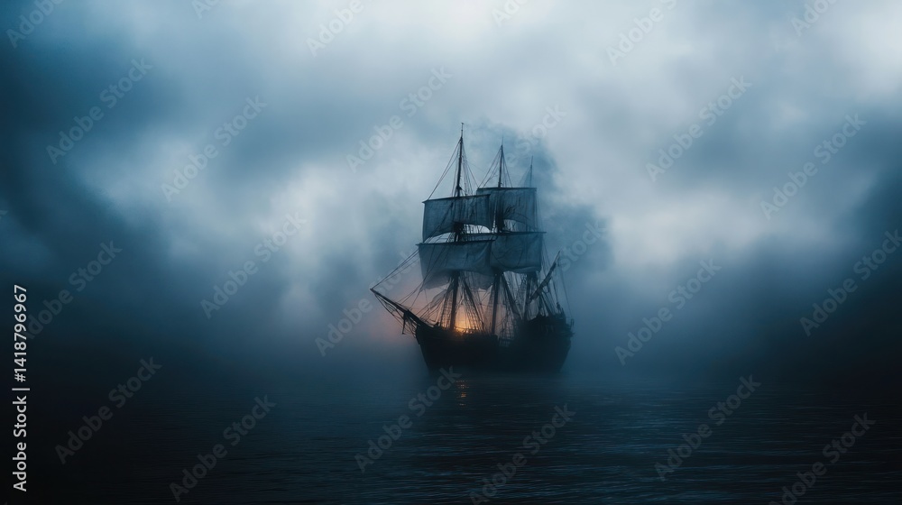 Obraz premium Ghost Ship in a Misty Sea: A Mysterious Voyage