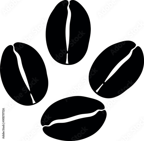 Coffee Beans Isolated, Flat Black Silhouette, Four Arabica Seeds, White Background