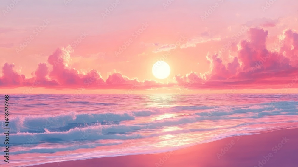 Fototapeta premium Pink Sunset Paradise: Serene Ocean Waves and Romantic Sky