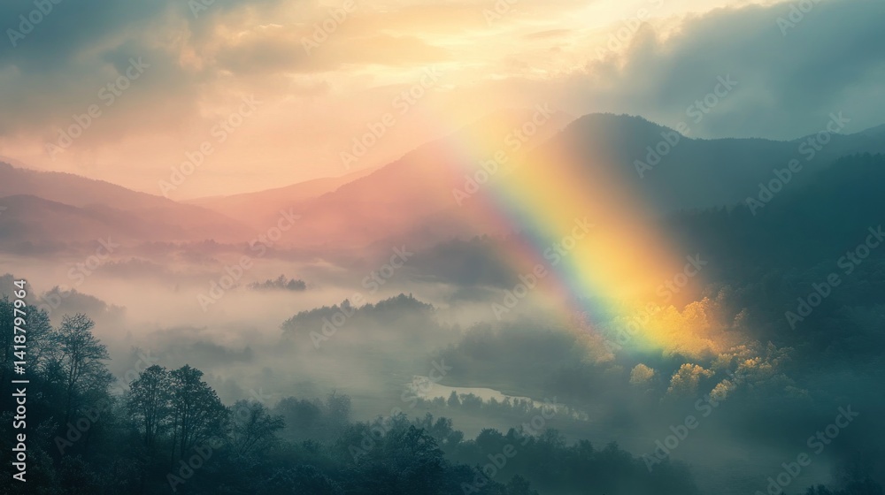 Obraz premium Misty Mountain Majesty: A Rainbow's Embrace at Dawn