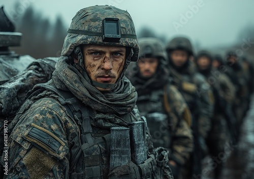 Soldiers with machine guns on armored personnel carrier in post Soviet Caucasus conflict
