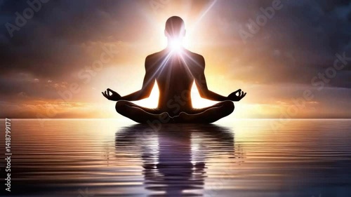Serene Meditation with Radiant Light at Sunrise over Calm Water for Tranquility and Spiritual Connection