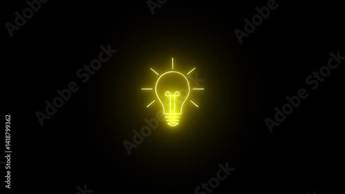 Glowing light bulb symbol animation. Glowing neon lightning bulb icon. Electric neon lamp icon and black background
