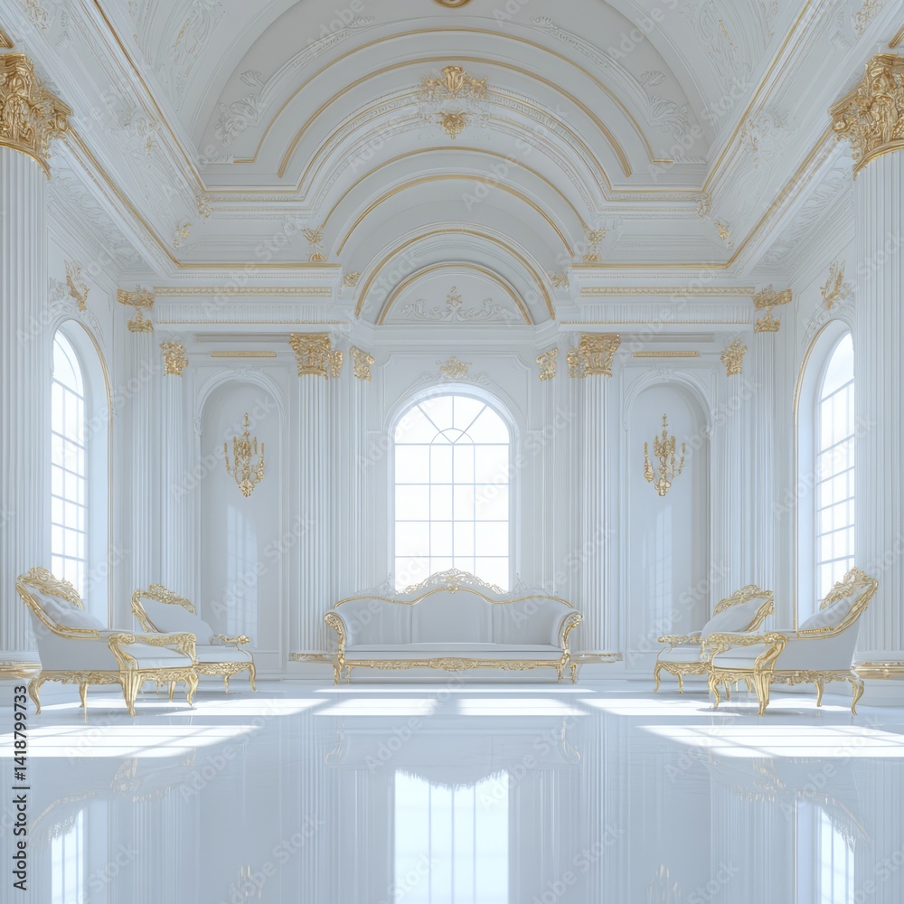 Fototapeta premium Ornate white and gold ballroom features windows and luxurious seating