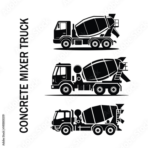 Black and White Concrete Mixer Trucks Illustration - Industrial Vehicles, Construction Equipment, and Heavy Machinery