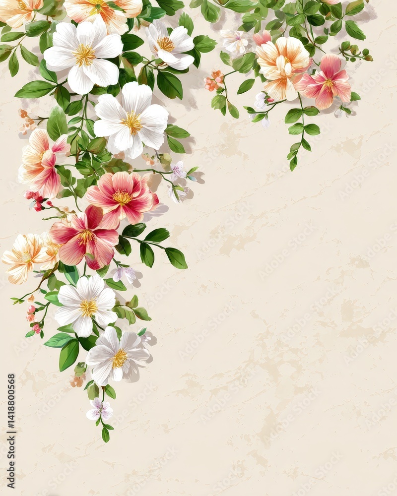 Naklejka premium Delicate pastel blossoms cascade against a light beige background creating a natural floral design with a transparent, serene visual effect.