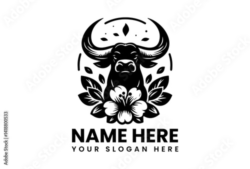 Strength and Serenity: A stoic bull, adorned with floral elements, embodies a logo representing resilience, stability, and organic beauty. A design for power and elegance.