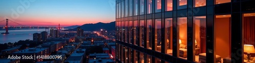 Close up shot capturing the glass exterior of San Francisco Marriott Marquis at dusk, night, skyline, luxury