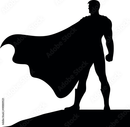 Silhouette of Powerful Figure Standing on Rock with Flowing Cape in Black & White