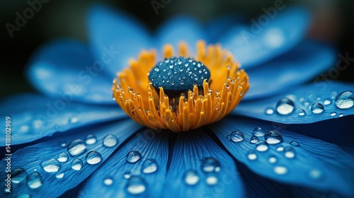 Close-up of a vibrant blue flower with water droplets.  Detailed view of the petals, center, and glistening water
