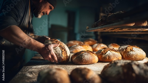 Freshly baked sourdough bread artisan baker bakery oven bread making process
