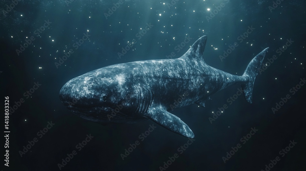 Naklejka premium Celestial Shark Swims Deep Ocean Night