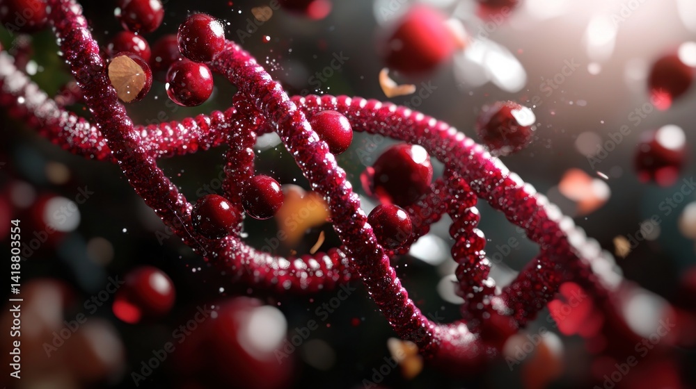 DNA helix, cherries, falling, dark background, scientific imagery DNA helix, cherries, falling, dark background, scientific imagery