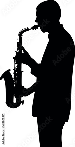 Silhouette of Person Playing Saxophone, Isolated on White, Sax, Music, Musical Instrument