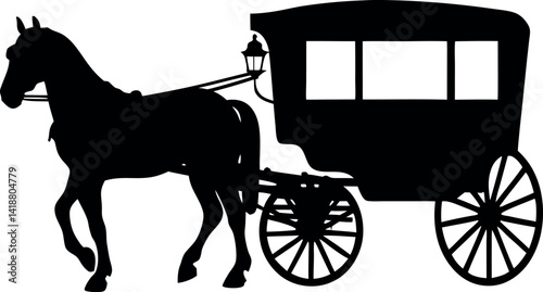 Silhouette Horse and Carriage Antique Transport, Black Outline, Equestrian Ride
