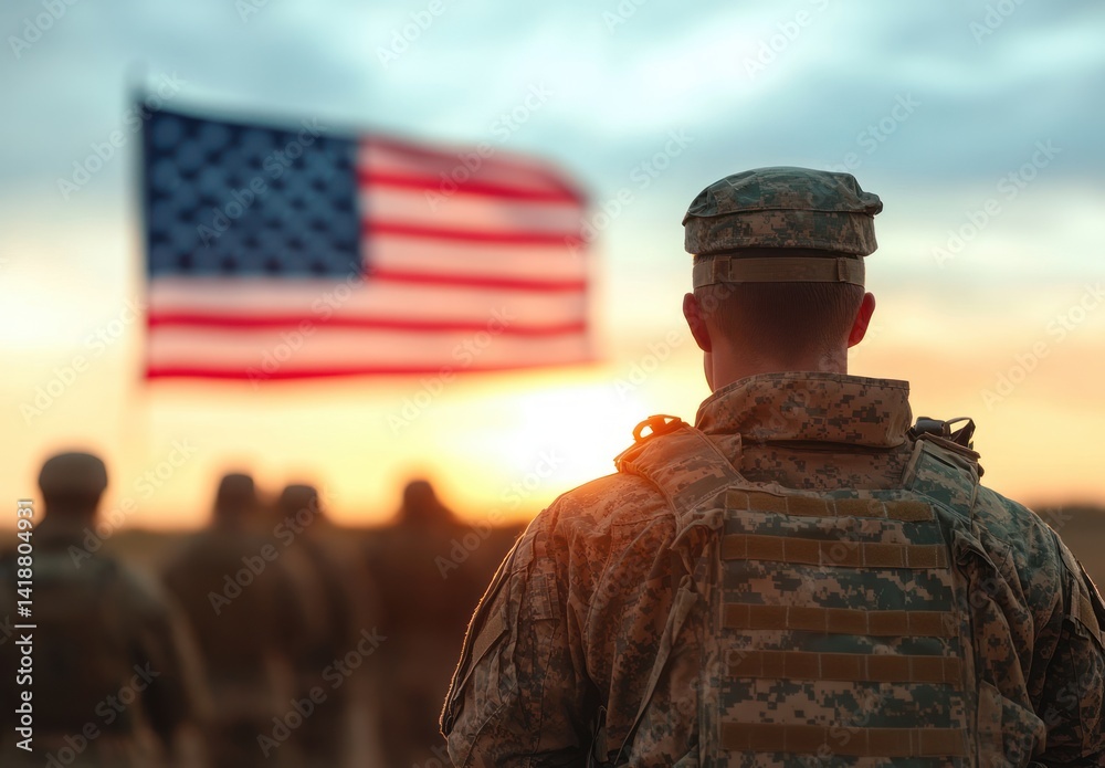 American Military Soldiers Focusing on Waving Flag with Camouflage Uniforms in Warm Sunlight