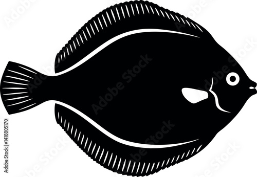 Flatfish Black Silhouette on White Background, Sea Animal Icon, Seafood,
