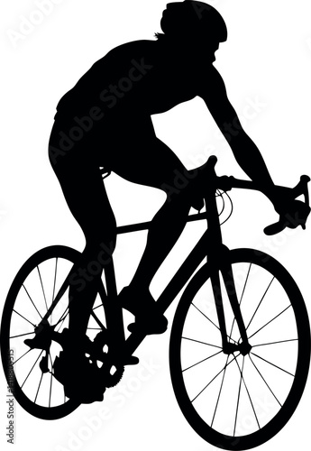 Bicyclist Silhouette Cyclist Riding Bike, Wearing Helmet, Isolated on White Background