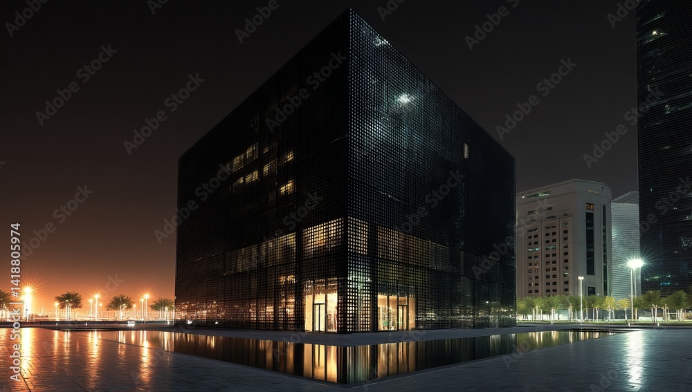 Modern Cube Building at Night, Illuminated Facade, Cityscape, Architectural Design, Night Photography, Urban Structures, Dark Building Modern Cube Building at Night, Illuminated Facade, Cityscape, Architectural Design, Night Photography, Urban Structures, Dark Building