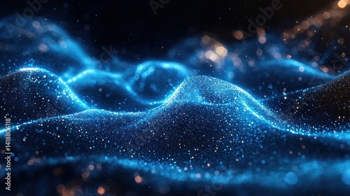 Glowing blue particle waves in dark space abstract digital energy motion background