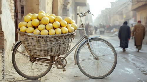 Bicycle laden with citrus fruits in a city street