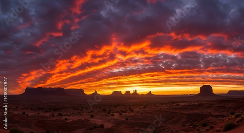 Fototapeta Naklejka Na Ścianę i Meble -  Fiery Skies Over Monument Valley at Sunset, Arizona, Majestic Landscape
