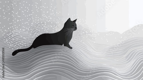 The work features a stark monochrome composition, with the stylized silhouette of a black cat set atop an undulating, abstract wave pattern. The feline form is rendered in pure black.