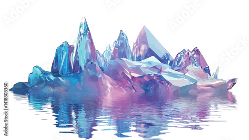 digital illustration depicts a group of stylized crystal structures in soft shades of blue, purple and pink. The crystals display varying degrees of transparency.