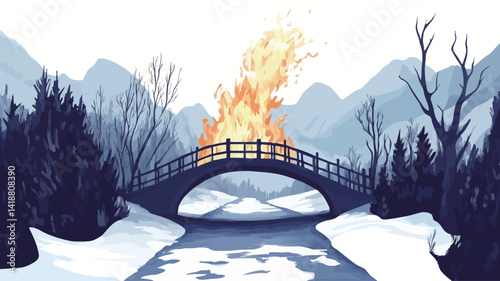 The illustration shows a stylized winter scene dominated by a wooden arch bridge engulfed in vivid orange and yellow flames, spanning a tranquil, partially frozen river.
