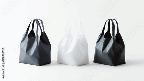 Three tote bags are displayed against a bright white background. The photo is a carefully staged studio photograph that highlights the subtle textural differences between the matte black and white.
