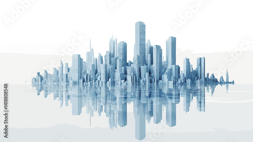 The image features a stylized, abstract cityscape in varying shades of cool blue. Buildings are depicted as simplified geometric shapes.