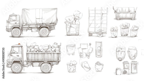This image shows a digital illustration composed of a series of hand-drawn sketches rendered in monochrome grayscale. The main focus is a small delivery truck.