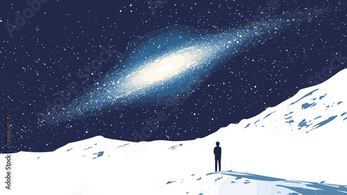 A stylized digital illustration depicts a minimalist landscape dominated by a large, bright galaxy against a deep blue background.