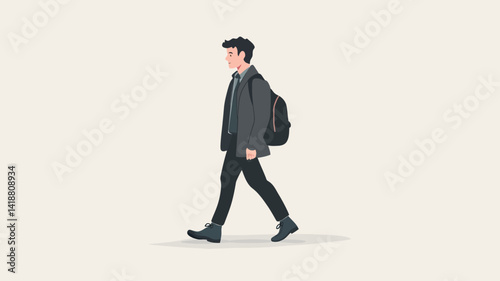 This is a minimalist vector illustration of a young man in profile, walking from left to right. He is wearing a dark jacket, dark trousers, and ankle boots.