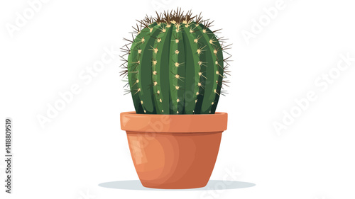A digital illustration of a single barrel cactus in an orange ceramic pot. The cactus is rendered in great detail.