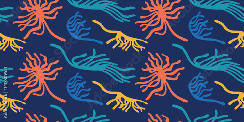 Vector minimal summer background. Foliage seamless pattern, botanic elements. Beach holiday hand drawn naive flat illustrations — colorful groovy and wavy style for banner, branding, textile, label