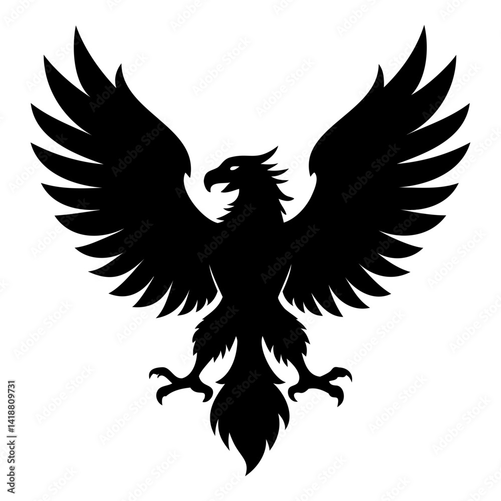 Fototapeta premium Black silhouette of an eagle descending with wings spread wide isolated on transparent background